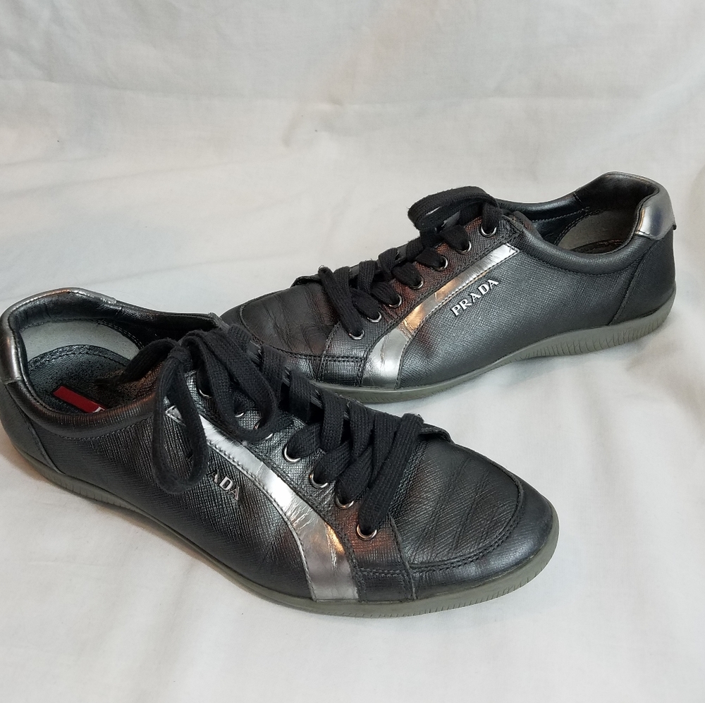 Prada Dark Grey Leather & Silver Accent Women's Sneakers
